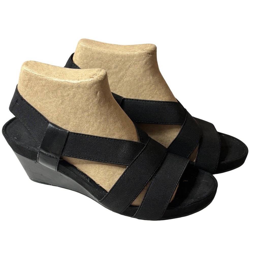 Aerosoles Light Rail Black Wedge Slingback Sandals 8.5 Strappy Stretch Comfort